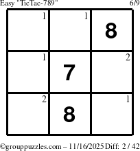 The grouppuzzles.com Easy TicTac-789 puzzle for Sunday November 16, 2025 with the first 2 steps marked