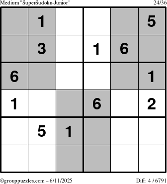 The grouppuzzles.com Medium SuperSudoku-Junior puzzle for Wednesday June 11, 2025
