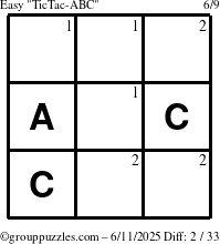 The grouppuzzles.com Easy TicTac-ABC puzzle for Wednesday June 11, 2025 with the first 2 steps marked
