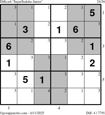 The grouppuzzles.com Difficult SuperSudoku-Junior puzzle for Wednesday June 11, 2025 with all 4 steps marked