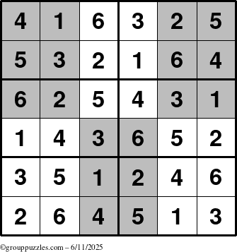 The grouppuzzles.com Answer grid for the SuperSudoku-Junior puzzle for Wednesday June 11, 2025
