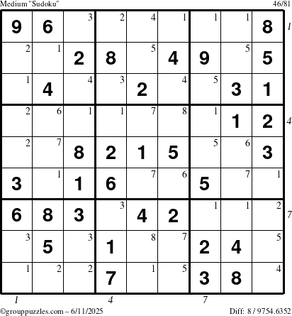 The grouppuzzles.com Medium Sudoku puzzle for Wednesday June 11, 2025 with all 8 steps marked