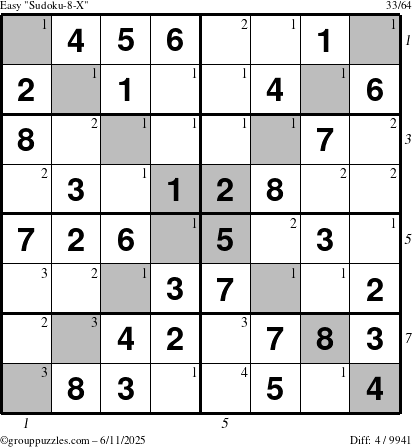 The grouppuzzles.com Easy Sudoku-8-X puzzle for Wednesday June 11, 2025 with all 4 steps marked