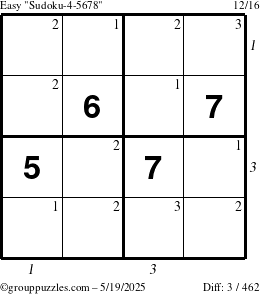The grouppuzzles.com Easy Sudoku-4-5678 puzzle for Monday May 19, 2025 with all 3 steps marked