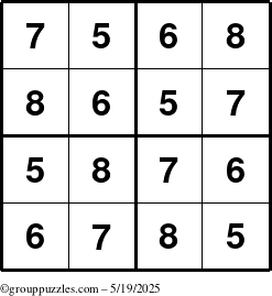The grouppuzzles.com Answer grid for the Sudoku-4-5678 puzzle for Monday May 19, 2025