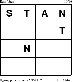 The grouppuzzles.com Easy Stan puzzle for Monday May 19, 2025