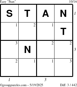 The grouppuzzles.com Easy Stan puzzle for Monday May 19, 2025 with all 3 steps marked