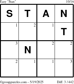 The grouppuzzles.com Easy Stan puzzle for Monday May 19, 2025 with the first 3 steps marked