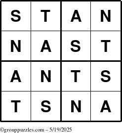 The grouppuzzles.com Answer grid for the Stan puzzle for Monday May 19, 2025