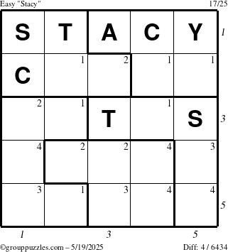 The grouppuzzles.com Easy Stacy puzzle for Monday May 19, 2025 with all 4 steps marked