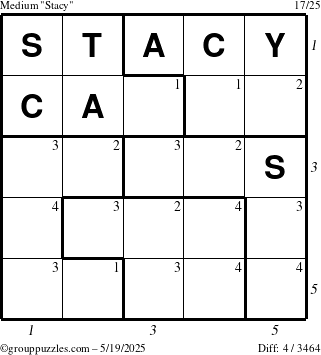 The grouppuzzles.com Medium Stacy puzzle for Monday May 19, 2025 with all 4 steps marked