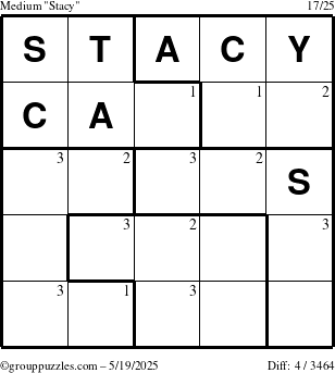The grouppuzzles.com Medium Stacy puzzle for Monday May 19, 2025 with the first 3 steps marked