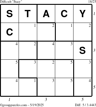 The grouppuzzles.com Difficult Stacy puzzle for Monday May 19, 2025 with all 5 steps marked