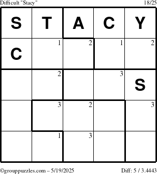The grouppuzzles.com Difficult Stacy puzzle for Monday May 19, 2025 with the first 3 steps marked