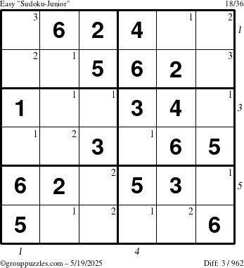 The grouppuzzles.com Easy Sudoku-Junior puzzle for Monday May 19, 2025 with all 3 steps marked