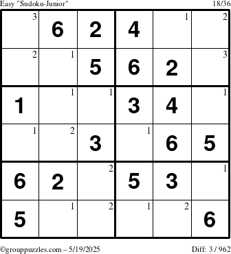 The grouppuzzles.com Easy Sudoku-Junior puzzle for Monday May 19, 2025 with the first 3 steps marked