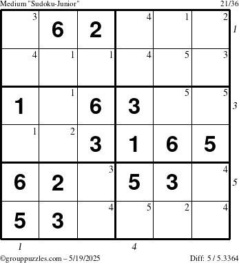 The grouppuzzles.com Medium Sudoku-Junior puzzle for Monday May 19, 2025 with all 5 steps marked