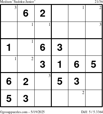 The grouppuzzles.com Medium Sudoku-Junior puzzle for Monday May 19, 2025 with the first 3 steps marked