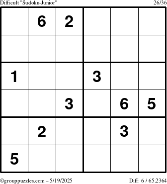 The grouppuzzles.com Difficult Sudoku-Junior puzzle for Monday May 19, 2025