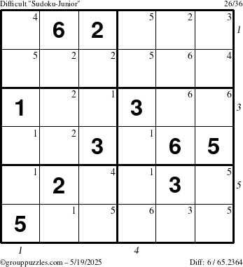The grouppuzzles.com Difficult Sudoku-Junior puzzle for Monday May 19, 2025 with all 6 steps marked