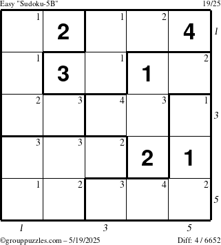 The grouppuzzles.com Easy Sudoku-5B puzzle for Monday May 19, 2025 with all 4 steps marked