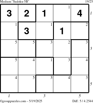 The grouppuzzles.com Medium Sudoku-5B puzzle for Monday May 19, 2025 with all 5 steps marked