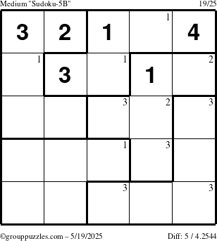 The grouppuzzles.com Medium Sudoku-5B puzzle for Monday May 19, 2025 with the first 3 steps marked
