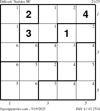 The grouppuzzles.com Difficult Sudoku-5B puzzle for Monday May 19, 2025 with all 6 steps marked
