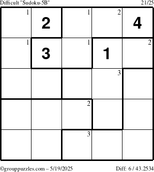 The grouppuzzles.com Difficult Sudoku-5B puzzle for Monday May 19, 2025 with the first 3 steps marked