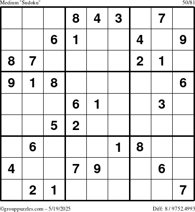 The grouppuzzles.com Medium Sudoku puzzle for Monday May 19, 2025
