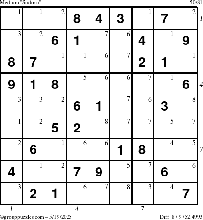 The grouppuzzles.com Medium Sudoku puzzle for Monday May 19, 2025 with all 8 steps marked