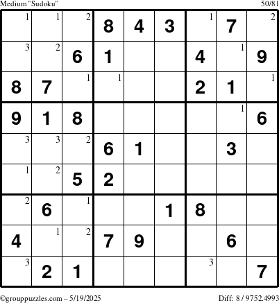 The grouppuzzles.com Medium Sudoku puzzle for Monday May 19, 2025 with the first 3 steps marked