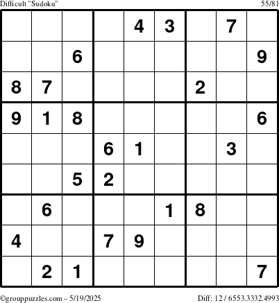 The grouppuzzles.com Difficult Sudoku puzzle for Monday May 19, 2025