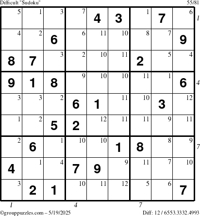 The grouppuzzles.com Difficult Sudoku puzzle for Monday May 19, 2025 with all 12 steps marked