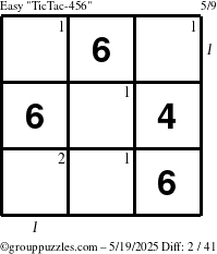 The grouppuzzles.com Easy TicTac-456 puzzle for Monday May 19, 2025 with all 2 steps marked
