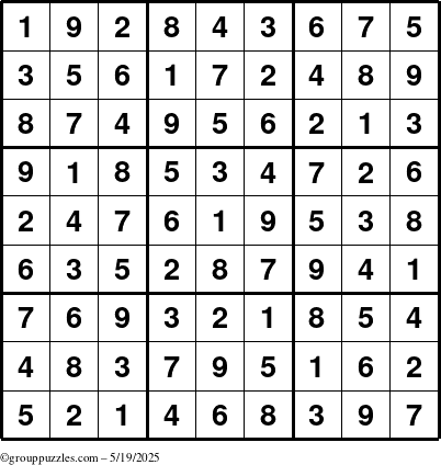 The grouppuzzles.com Answer grid for the Sudoku puzzle for Monday May 19, 2025