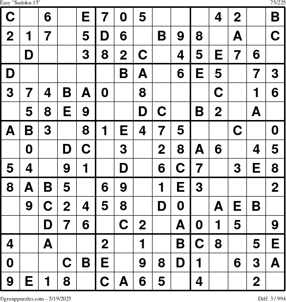 The grouppuzzles.com Easy Sudoku-15 puzzle for Monday May 19, 2025