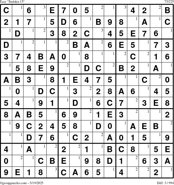 The grouppuzzles.com Easy Sudoku-15 puzzle for Monday May 19, 2025 with the first 3 steps marked