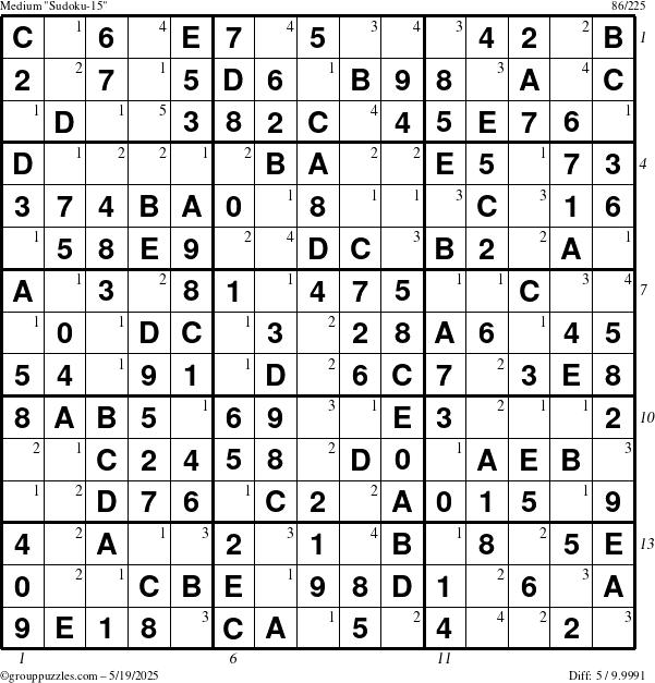 The grouppuzzles.com Medium Sudoku-15 puzzle for Monday May 19, 2025 with all 5 steps marked