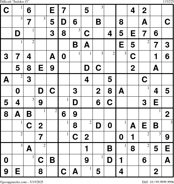 The grouppuzzles.com Difficult Sudoku-15 puzzle for Monday May 19, 2025 with the first 3 steps marked