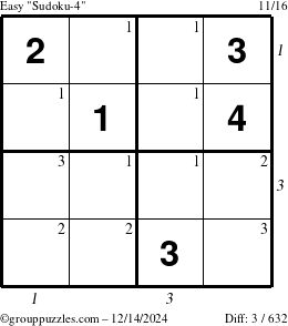 The grouppuzzles.com Easy Sudoku-4 puzzle for Saturday December 14, 2024 with all 3 steps marked