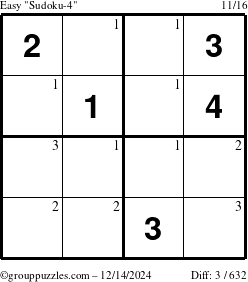 The grouppuzzles.com Easy Sudoku-4 puzzle for Saturday December 14, 2024 with the first 3 steps marked