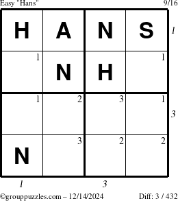 The grouppuzzles.com Easy Hans puzzle for Saturday December 14, 2024 with all 3 steps marked