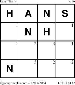 The grouppuzzles.com Easy Hans puzzle for Saturday December 14, 2024 with the first 3 steps marked