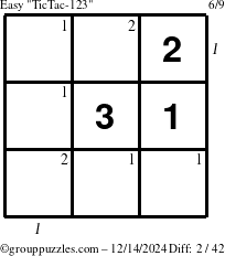 The grouppuzzles.com Easy TicTac-123 puzzle for Saturday December 14, 2024 with all 2 steps marked