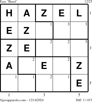 The grouppuzzles.com Easy Hazel puzzle for Saturday December 14, 2024 with all 3 steps marked