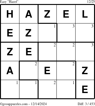 The grouppuzzles.com Easy Hazel puzzle for Saturday December 14, 2024 with the first 3 steps marked