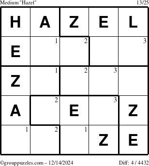 The grouppuzzles.com Medium Hazel puzzle for Saturday December 14, 2024 with the first 3 steps marked