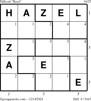 The grouppuzzles.com Difficult Hazel puzzle for Saturday December 14, 2024 with all 4 steps marked