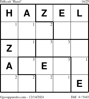 The grouppuzzles.com Difficult Hazel puzzle for Saturday December 14, 2024 with the first 3 steps marked